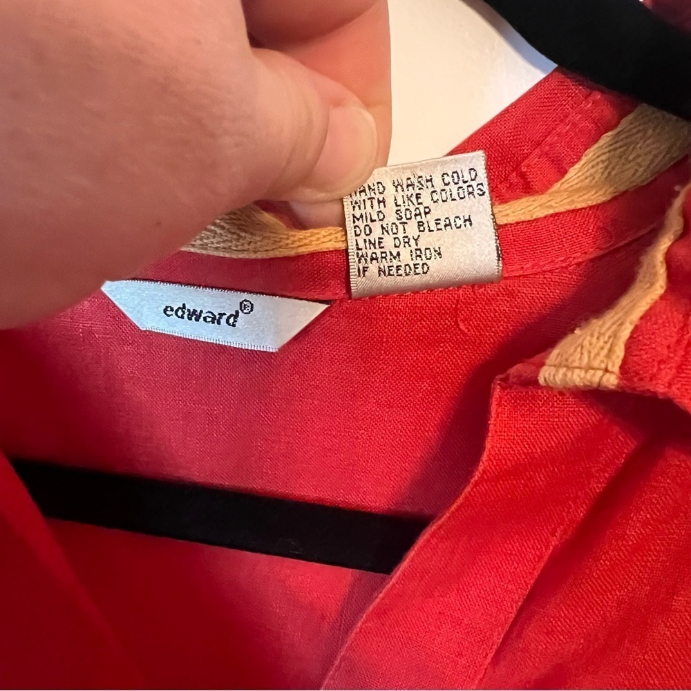 Edward Red 100% Linen Button Up Shirt Sz L 3/4 Sleeve Back Slit Jacket Blouse‌ - Picture 4 of 6